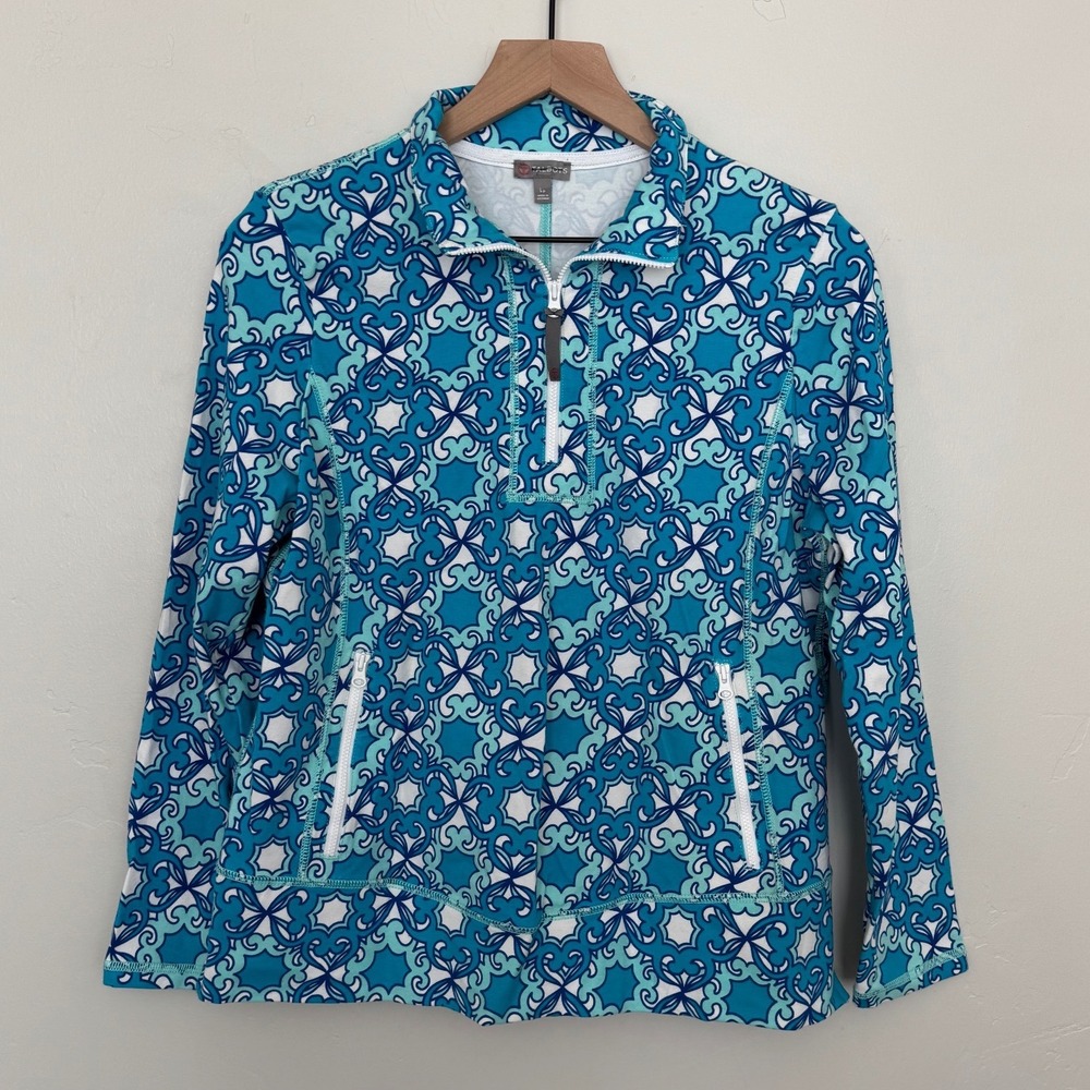Talbots Blue Medallion Print Quarter Zip Pullover Jacket Preppy Athletic LP